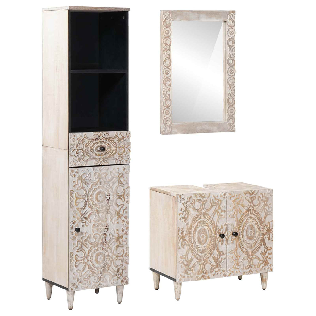 Badezimmermöbel-Set mit Schubladen 3 pcs Weiß Massivholz Mango