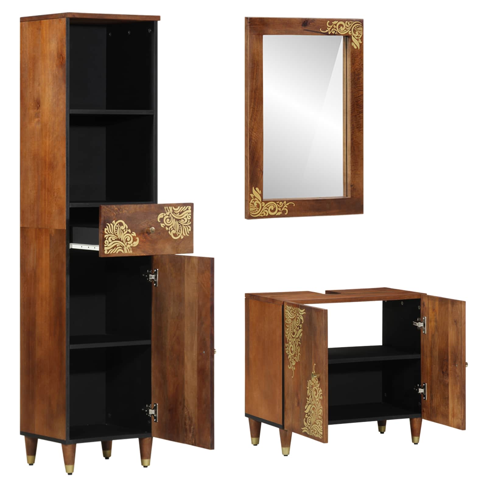 Badezimmerschrank-Set mit Tür 3 pcs Honigbraun Massivholz Mango
