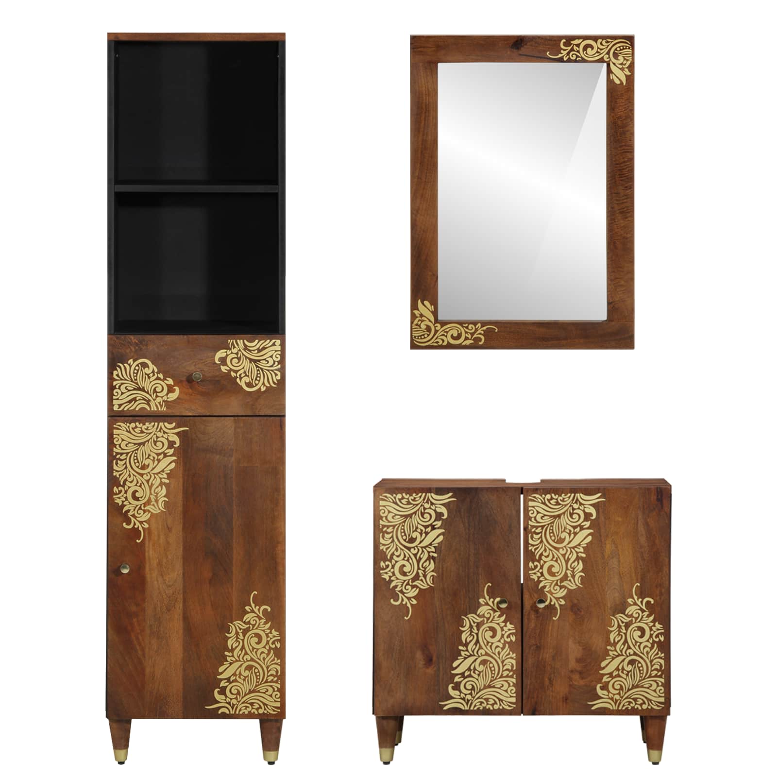 Badezimmerschrank-Set mit Tür 3 pcs Honigbraun Massivholz Mango