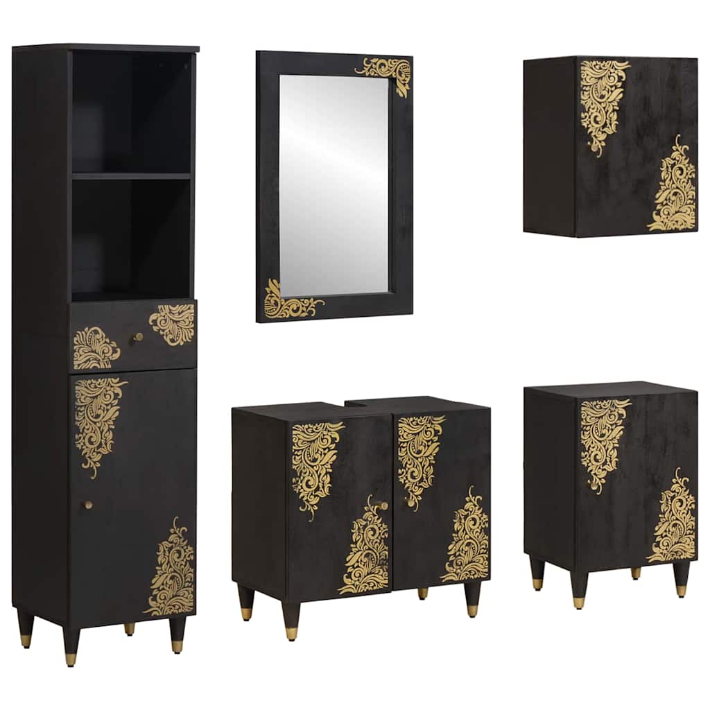 Badezimmerschrank-Set mit Tür 5 pcs Schwarz Massivholz Mango