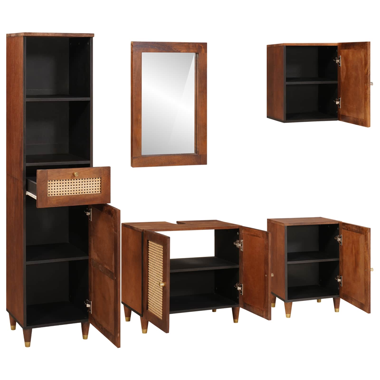 Badezimmerschrank 5 pcs Braun und Schwarz Massivholz Mango