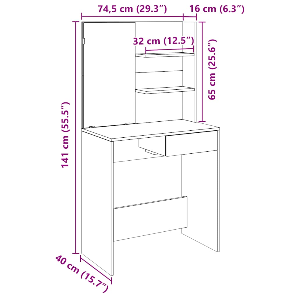 Schminktisch mit Spiegel Altholz-Optik 74,5x40x141 cm