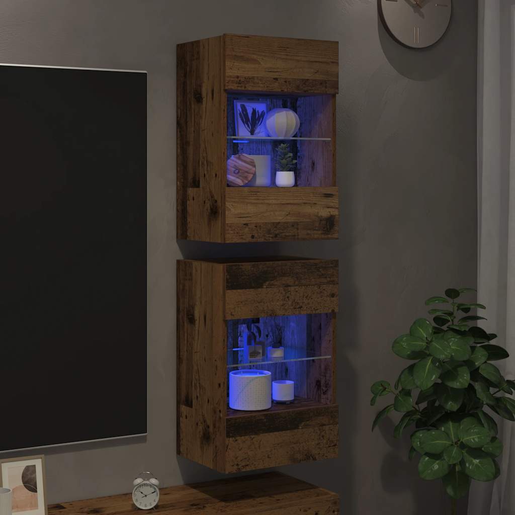 Wandschränke mit LED-Leuchten für TV 2 Stk. Altholz-Optik