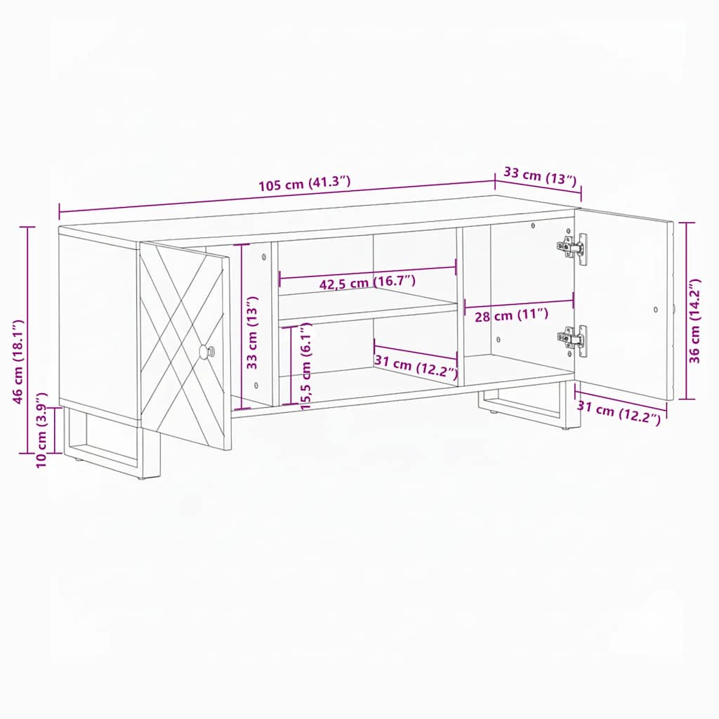 TV-Schrank Schwarz 105x33x46 cm Massivholz Mango