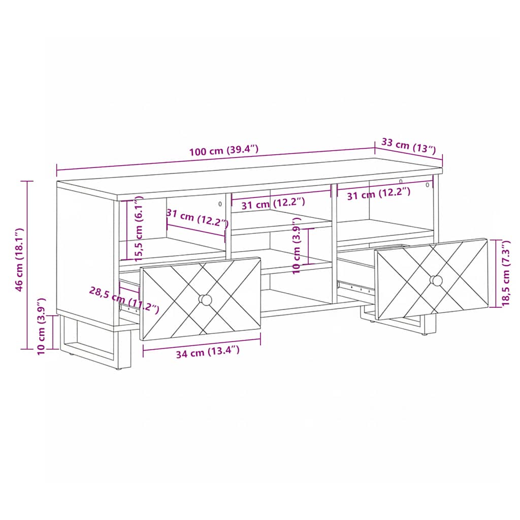 TV-Schrank 100x33x46 cm Massivholz Mango