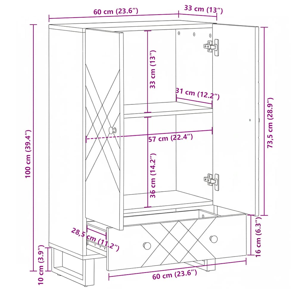 Highboard 60x33x100 cm Massivholz Mango