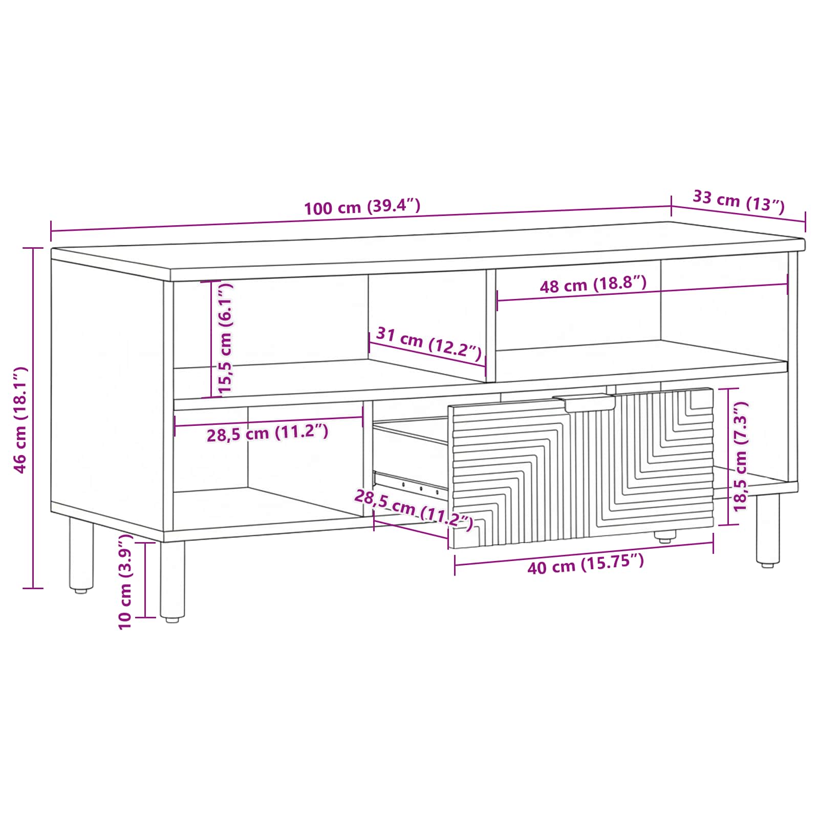 TV-Schränk mit Regal Braun 100 x 33 x 46 cm Massivholz Mango