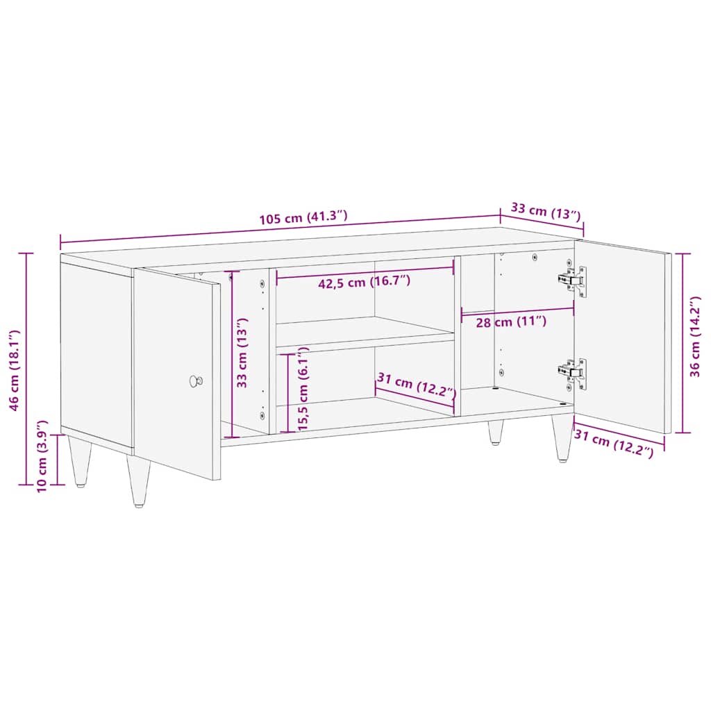 TV-Schrank Hellgrau 105x33,5x46 cm Massivholz Mango