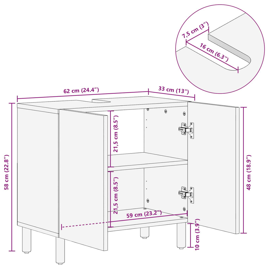 Waschbeckenschrank Braun 62 x 33 x 58 cm Massivholz Mango