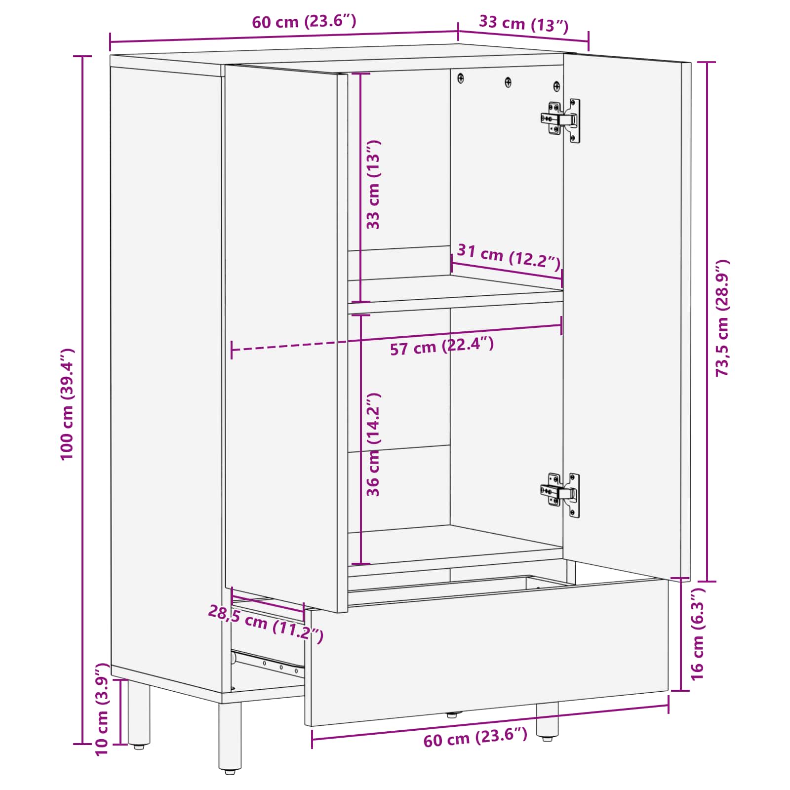 Highboard mit Tür Akazienbraune Oberfläche 60 x 33 x 100 cm