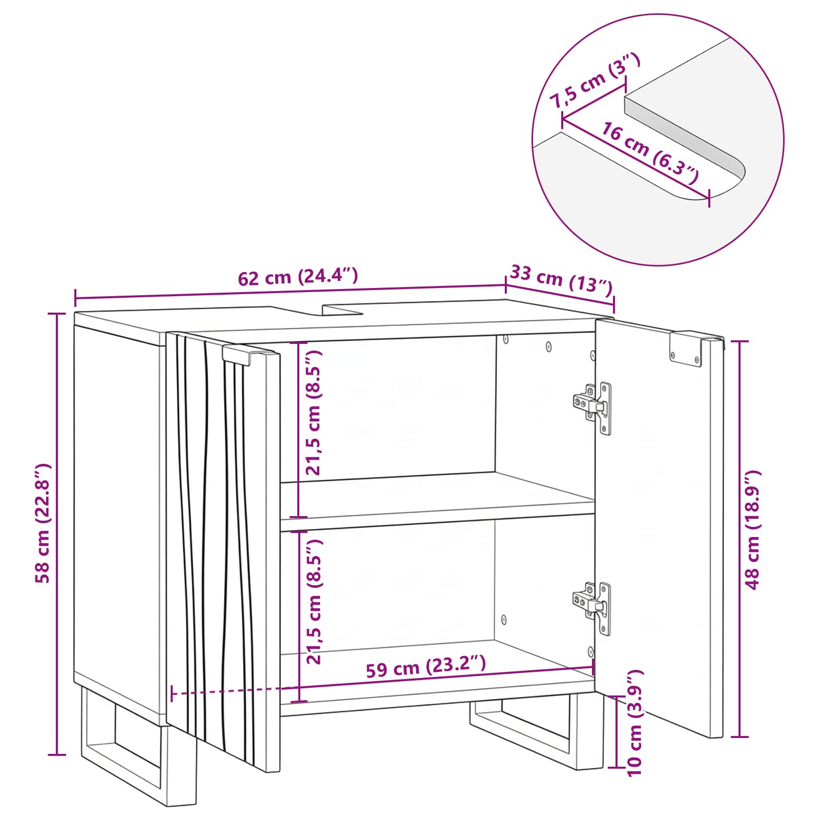 Waschbeckenschrank mit Regal Weiß 62 x 33 x 58 cm Holzwerkstoff