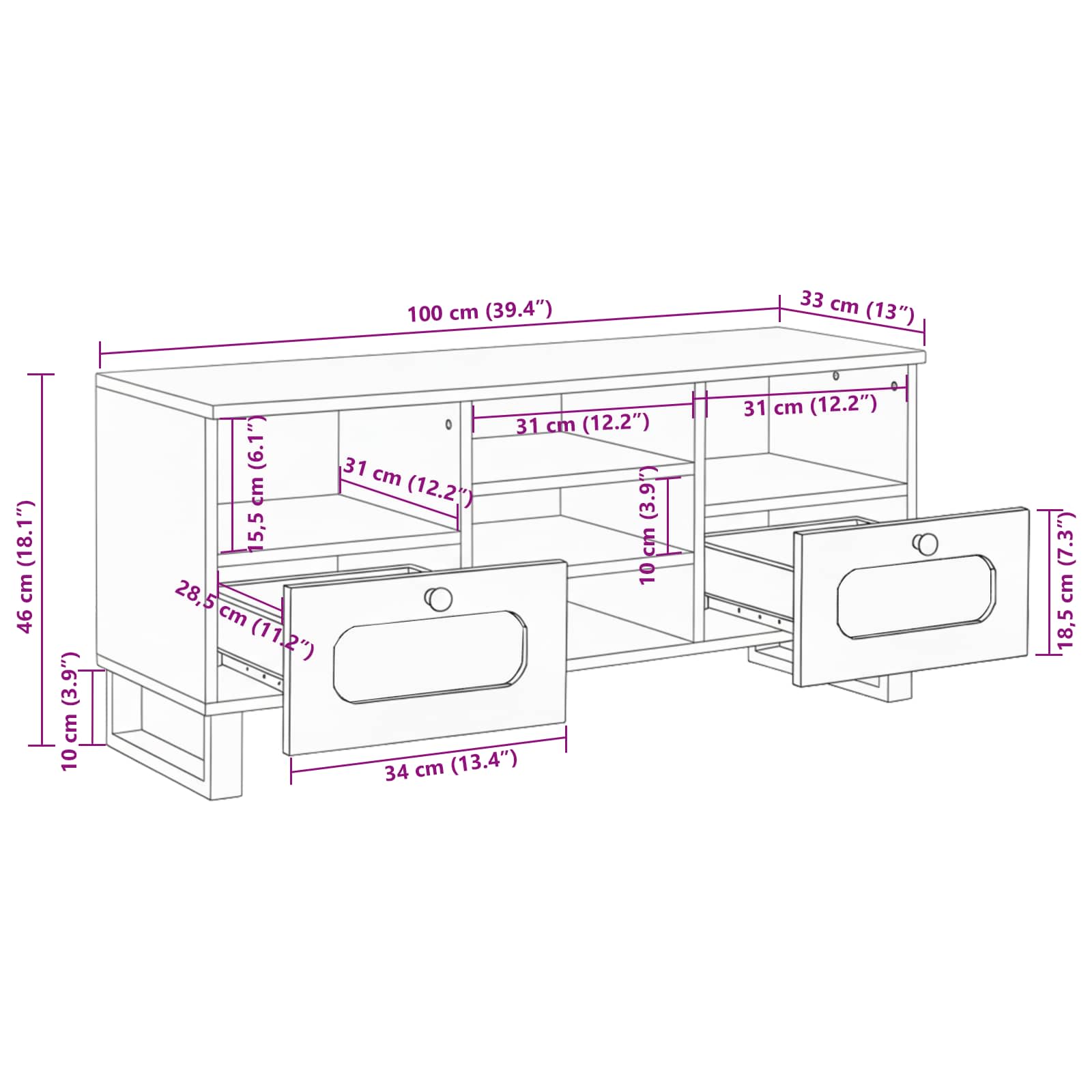 TV-Schränk mit Regal Braun 100 x 33 x 46 cm Massivholz Mango