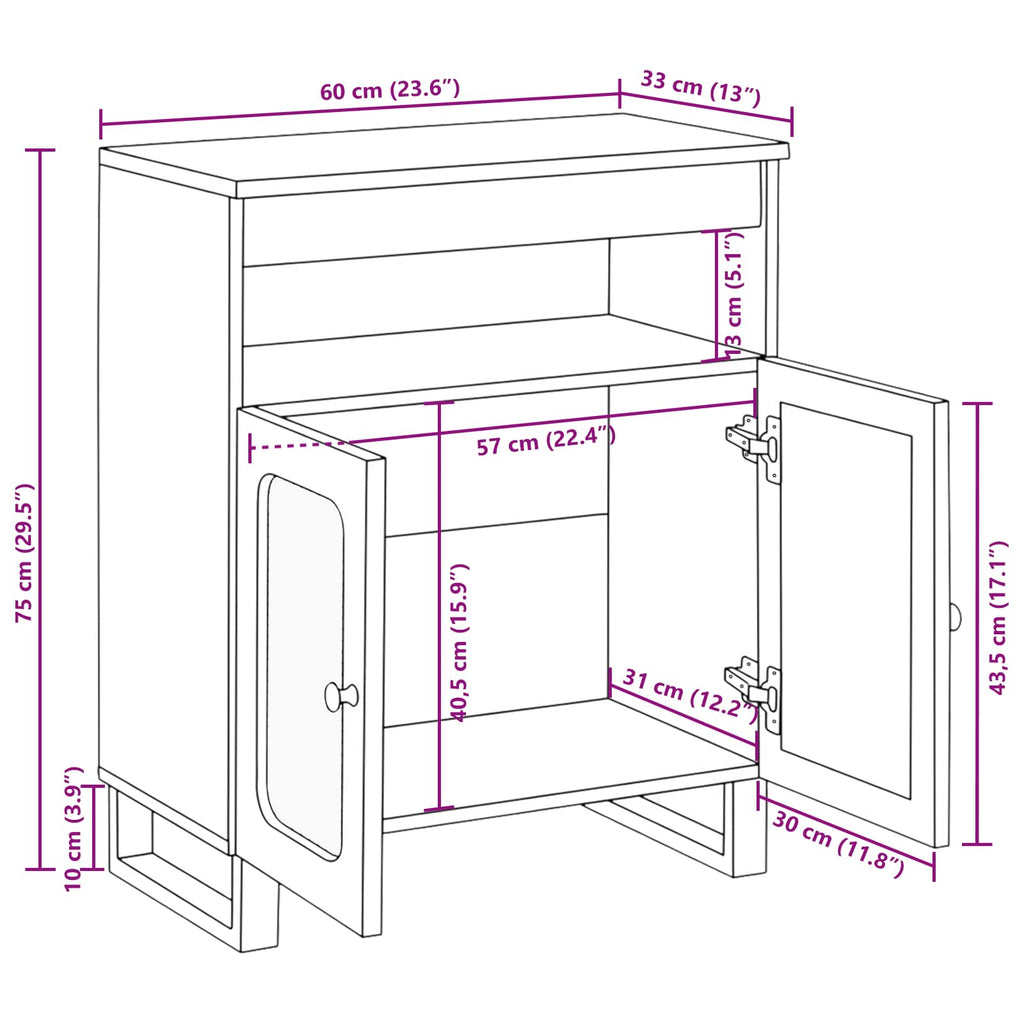 Sideboard mit Speicher Braun 60 x 33 x 75 cm Massivholz Mango
