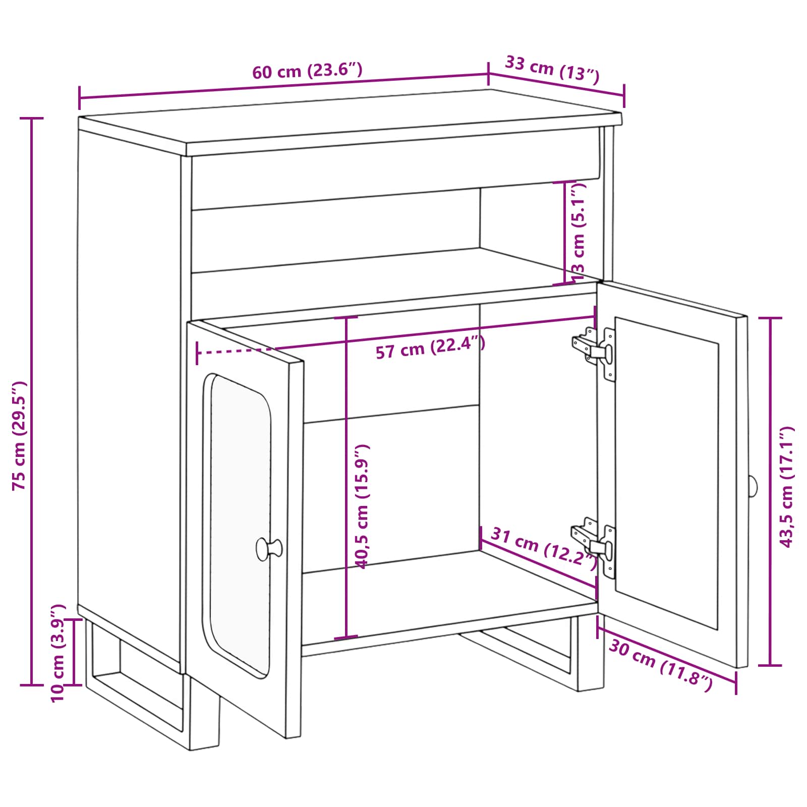 Sideboard mit Speicher Braun 60 x 33 x 75 cm Massivholz Mango