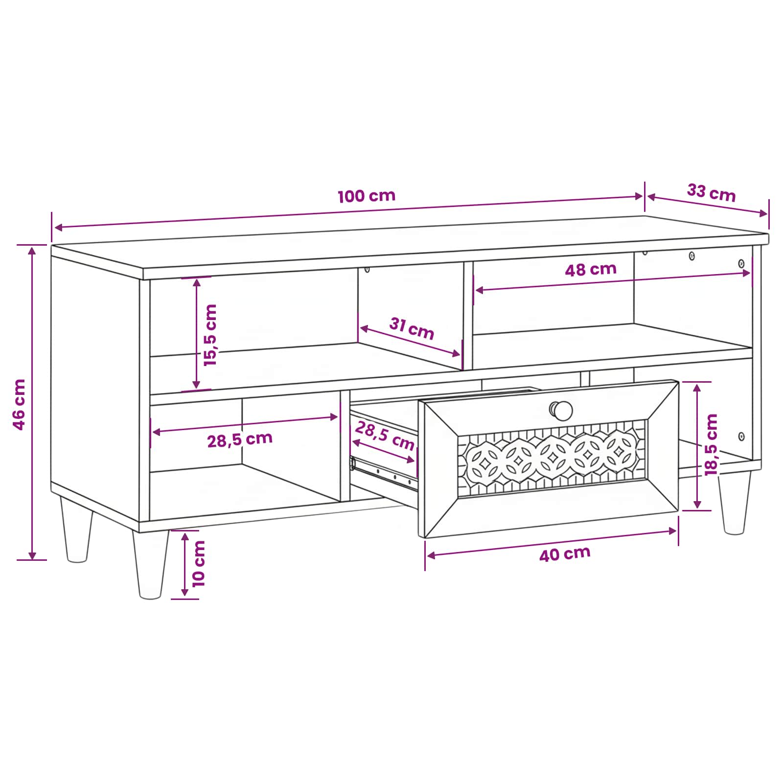 TV-Schränk mit Schubladen 100 x 33 x 46 cm Massivholz Mango