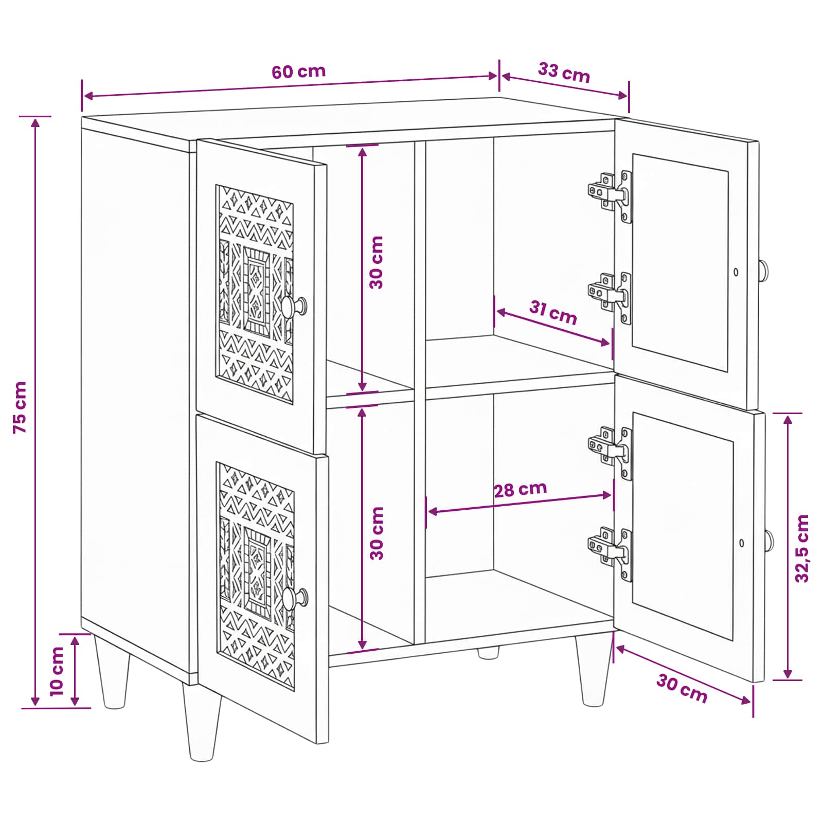 Sideboard Bleached White 60 x 33 x 75 cm Massivholz Mango