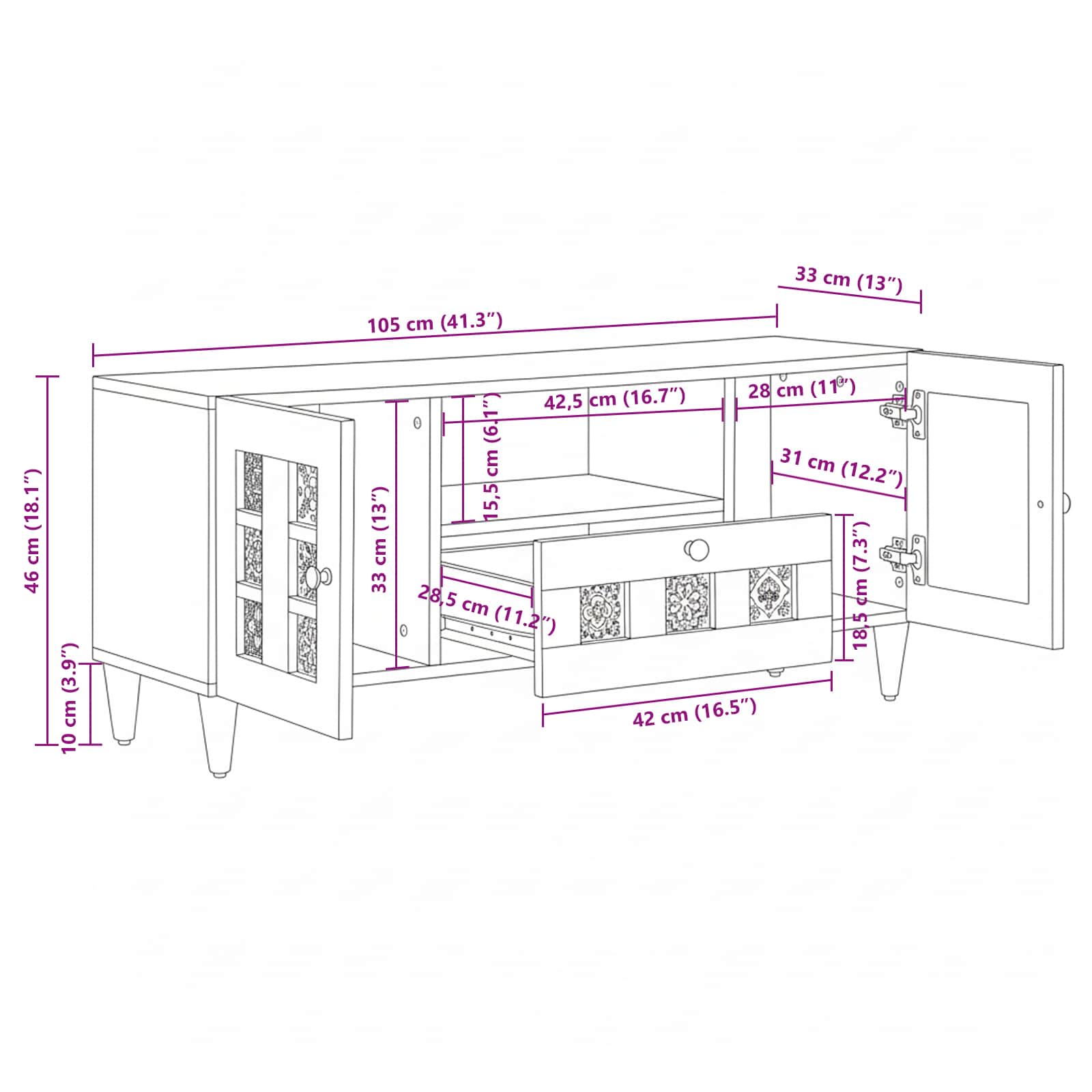 TV-Schränk mit Tür Walnuss 105 x 33 x 46 cm Massivholz Mango