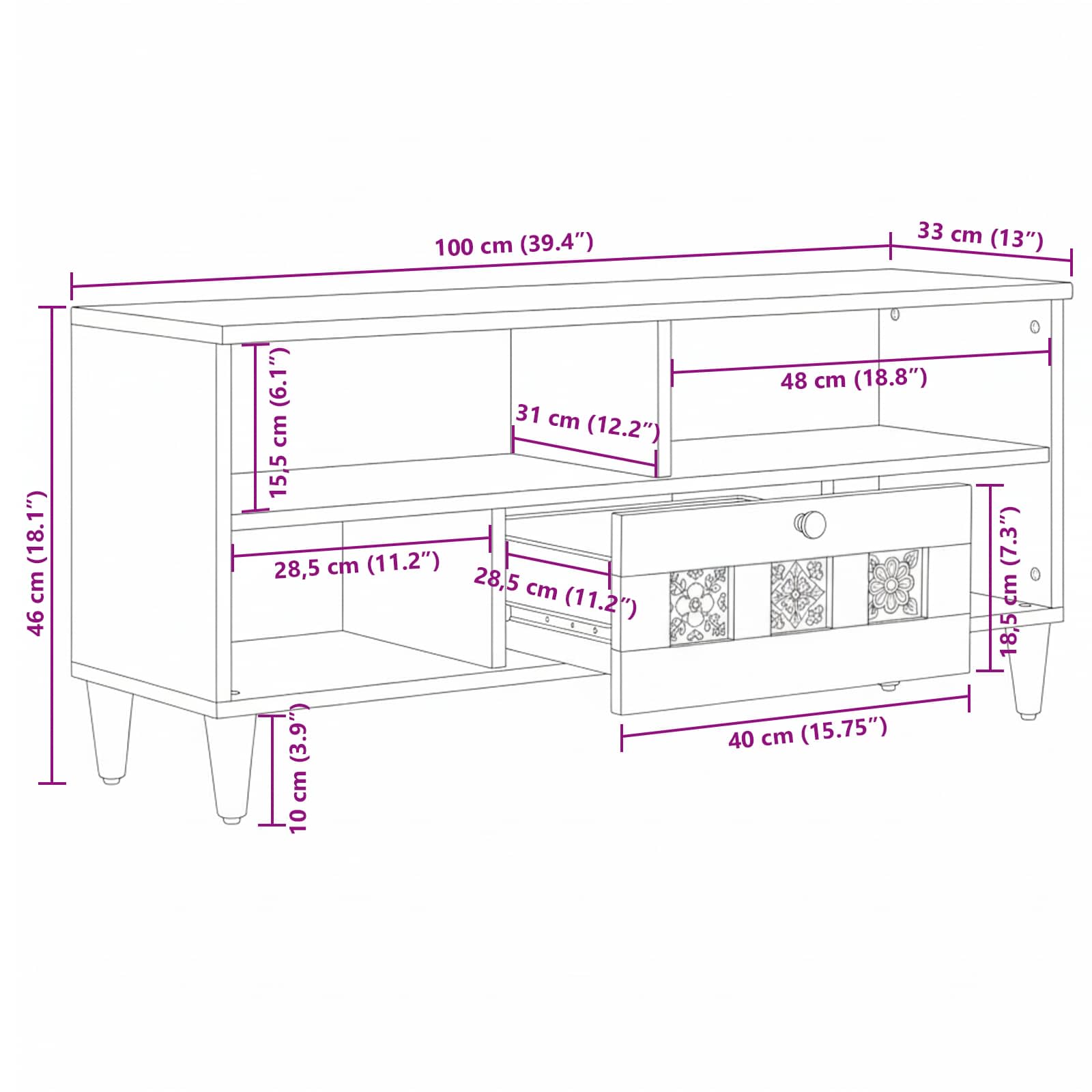 TV-Schränk mit Regal Walnuss 100 x 33 x 46 cm Massivholz Mango