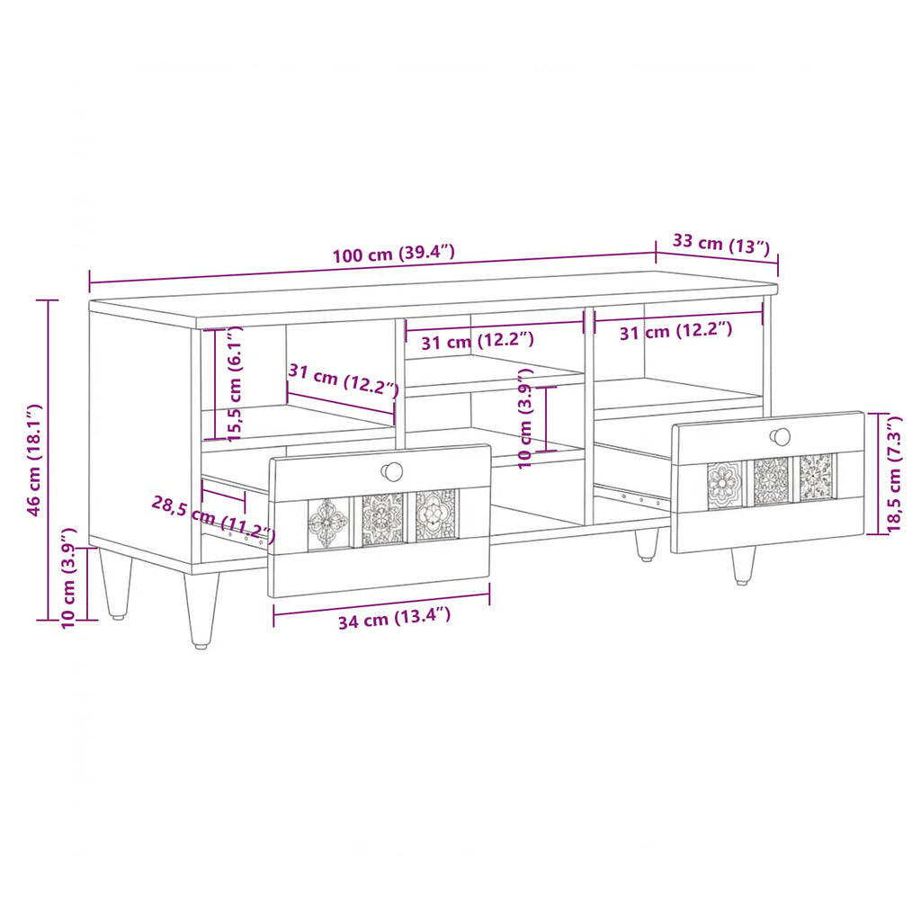 TV-Schränk mit Regal Walnuss 100 x 33 x 46 cm Massivholz Mango