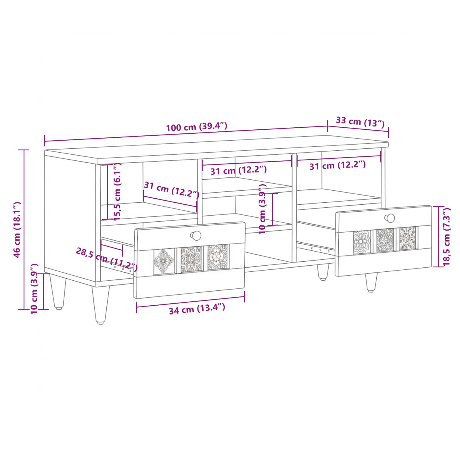 TV-Schränk mit Regal Walnuss 100 x 33 x 46 cm Massivholz Mango