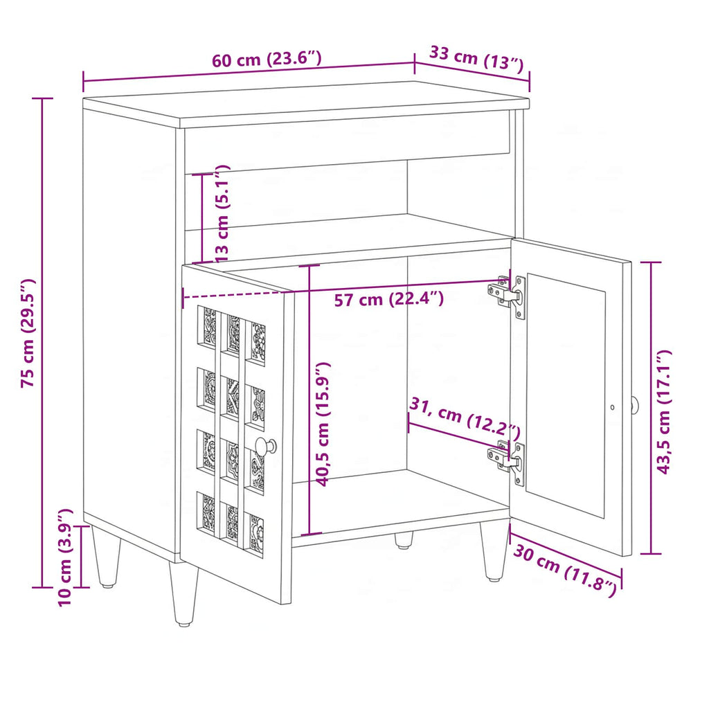 Sideboard mit Speicher Walnuss 60 x 33 x 75 cm Massivholz Mango