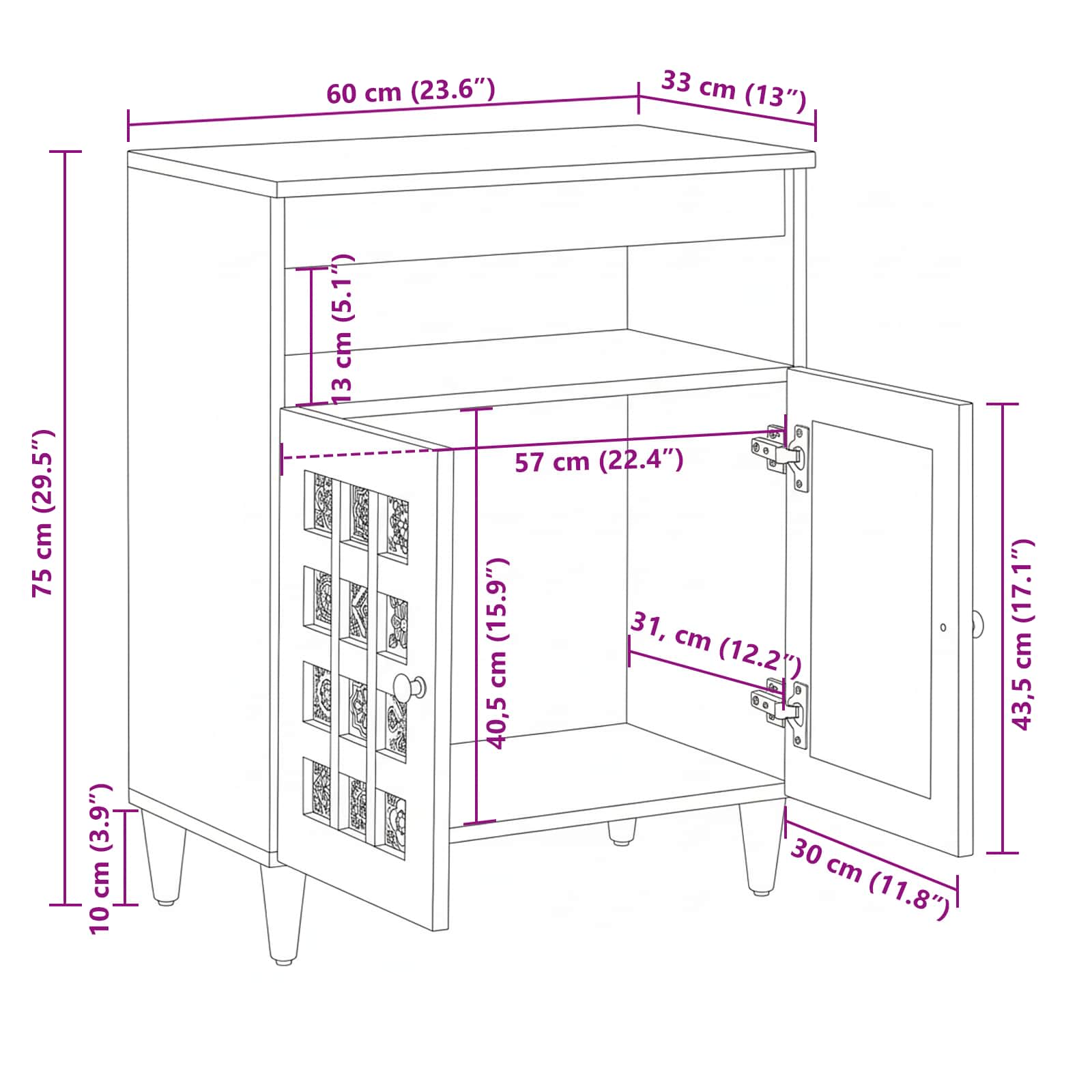 Sideboard mit Speicher Walnuss 60 x 33 x 75 cm Massivholz Mango