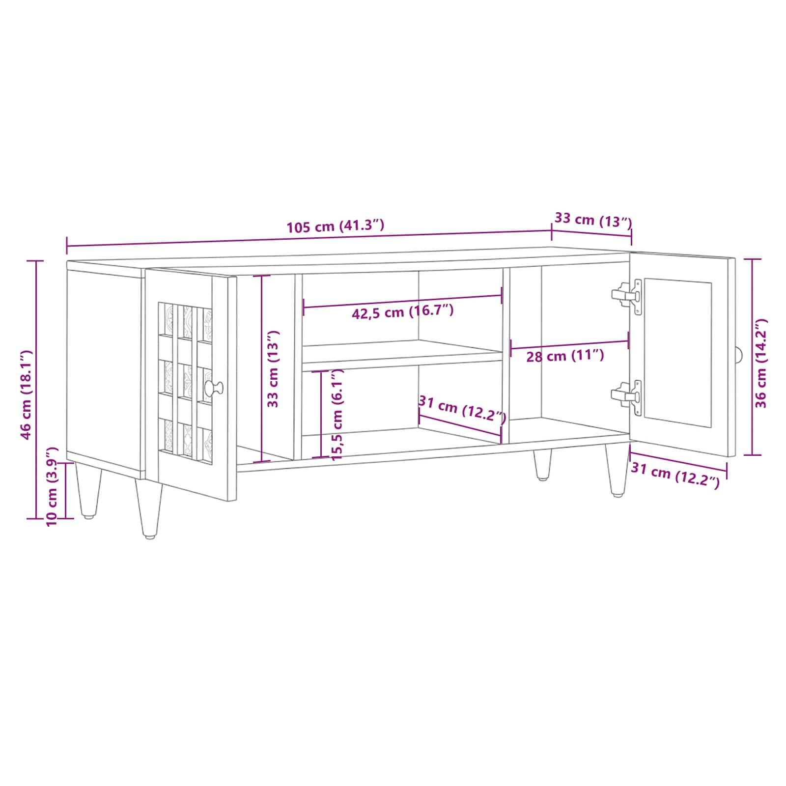 TV-Schränk mit Regal Natur 105 x 33 x 46 cm Massivholz Mango