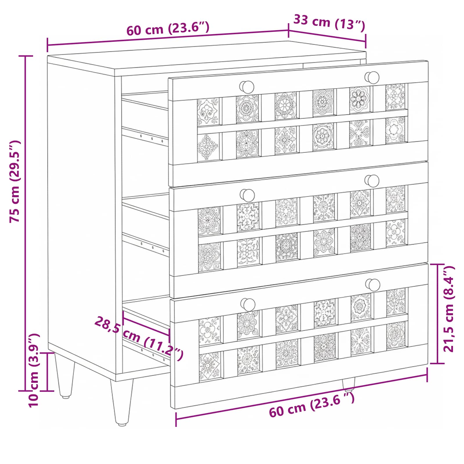 Sideboard Natur 60 x 33 x 75 cm Massivholz Mango