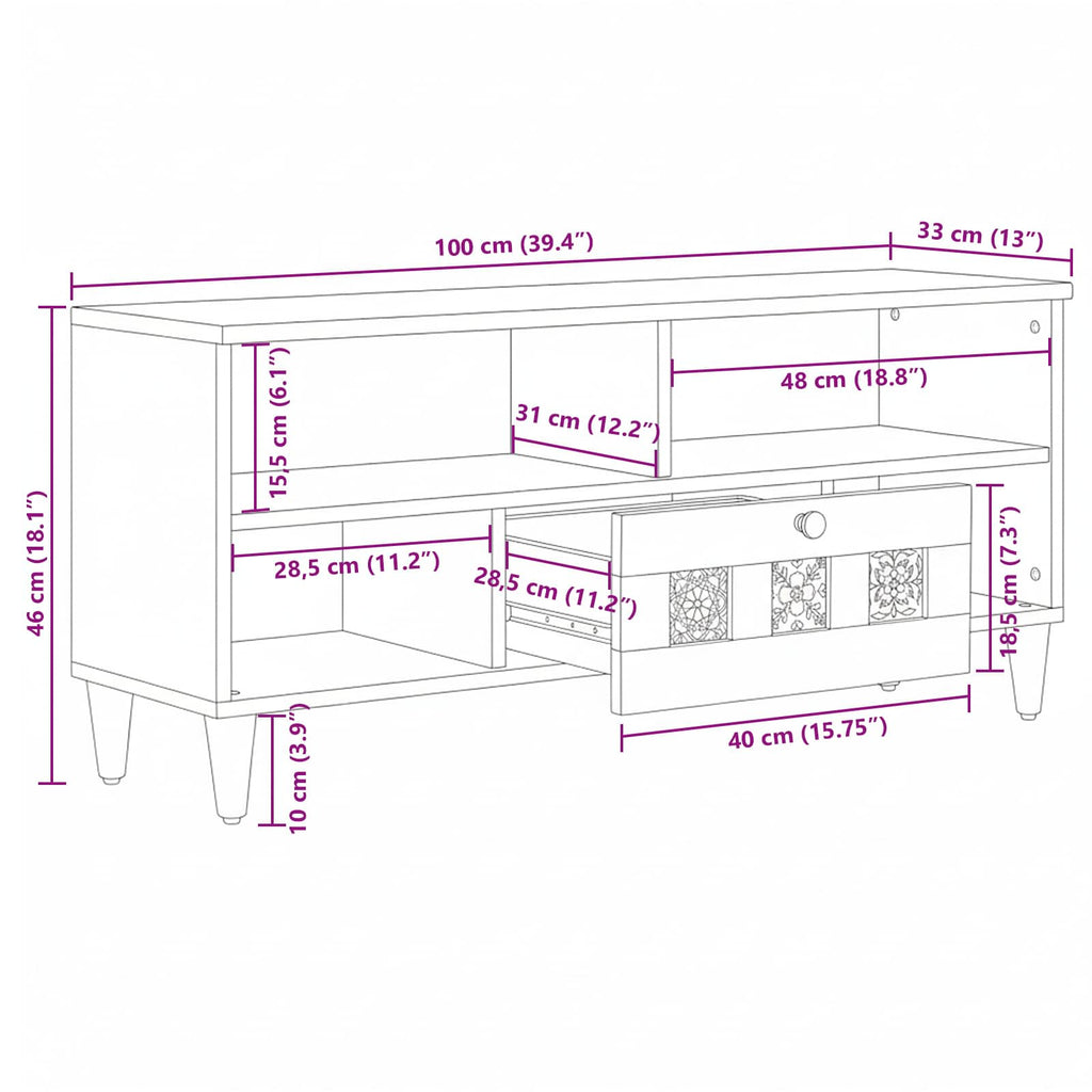 TV-Schränk mit Regal Natur 100 x 33 x 46 cm Massivholz Mango