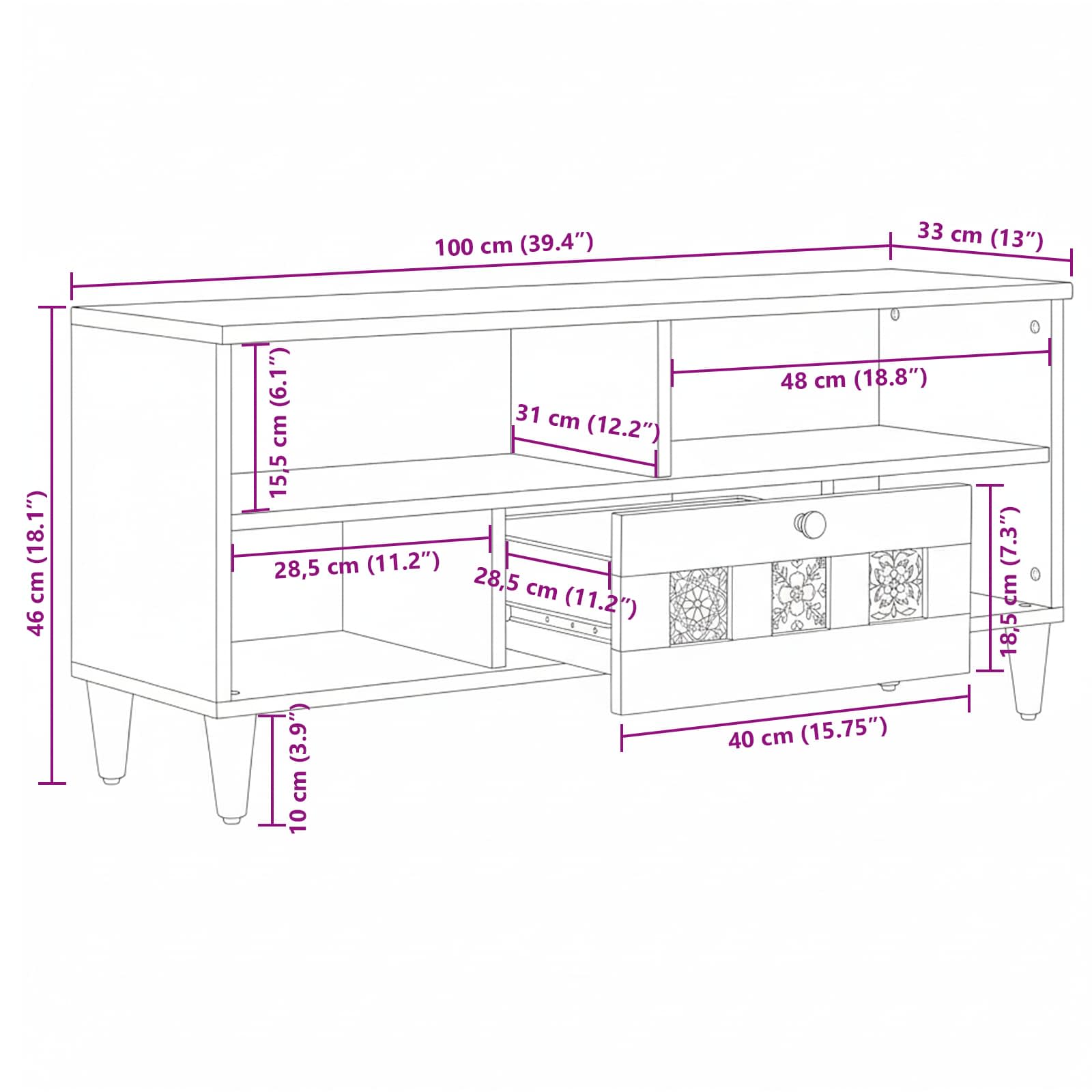 TV-Schränk mit Regal Natur 100 x 33 x 46 cm Massivholz Mango