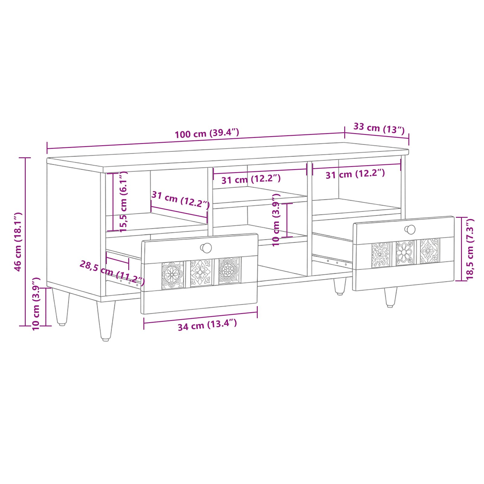 TV-Schränk mit Regal Natur 100 x 33 x 46 cm Massivholz Mango