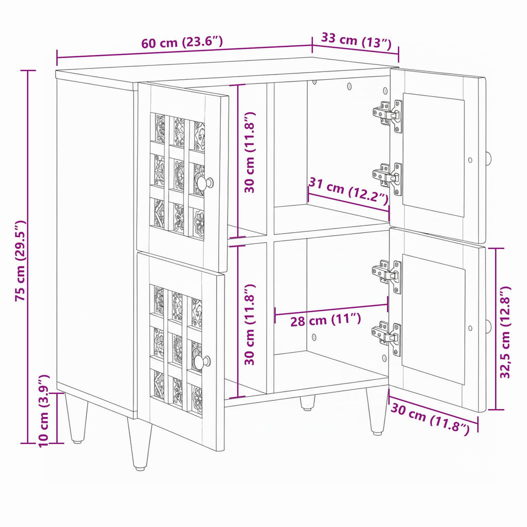 Sideboard mit Speicher Natur 60 x 33 x 75 cm Massivholz Mango