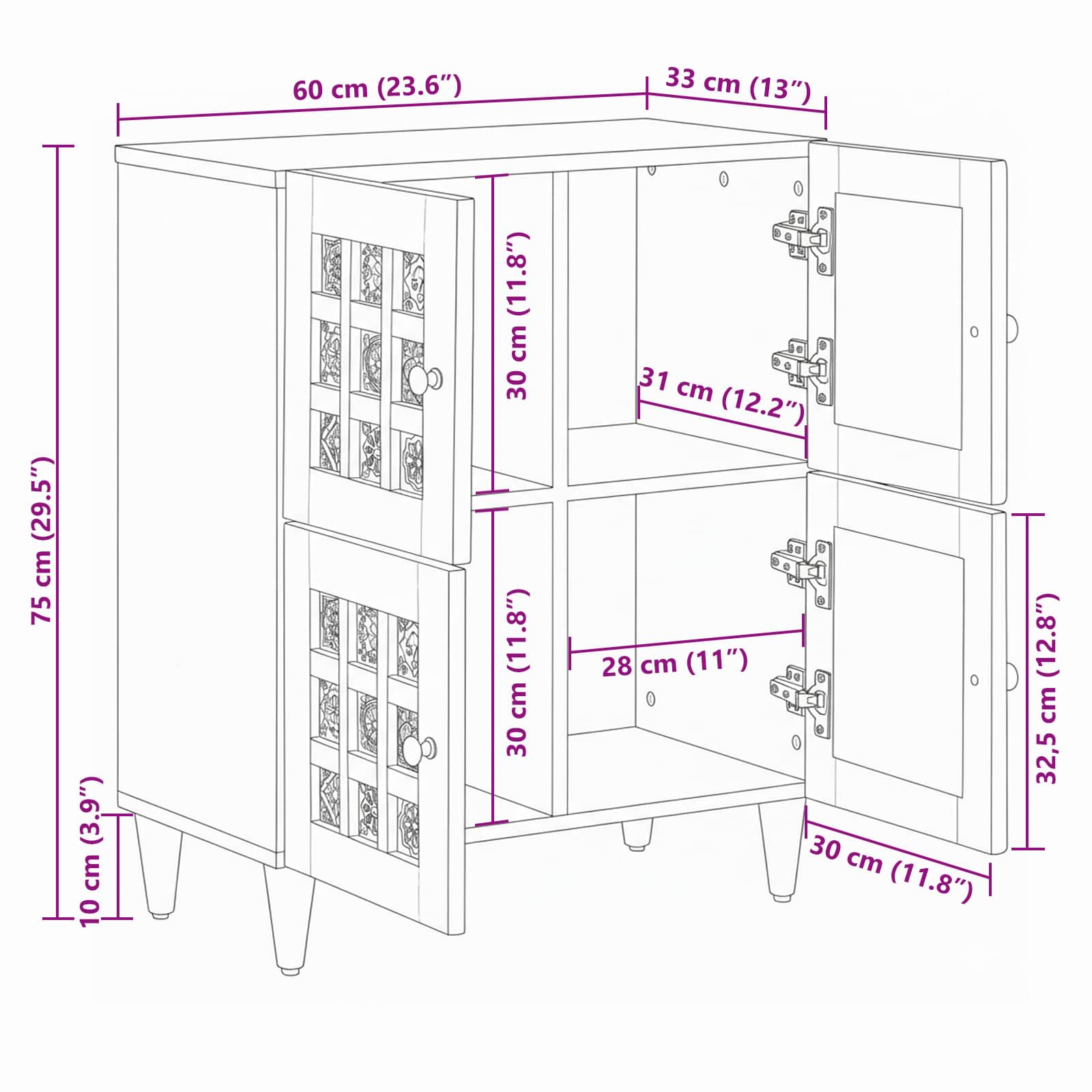 Sideboard mit Speicher Natur 60 x 33 x 75 cm Massivholz Mango