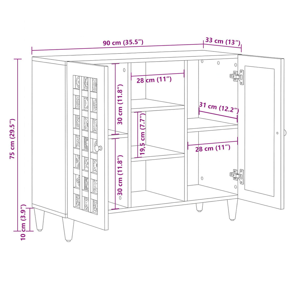 Sideboard mit Regal Natur 90 x 33 x 75 cm Massivholz Mango
