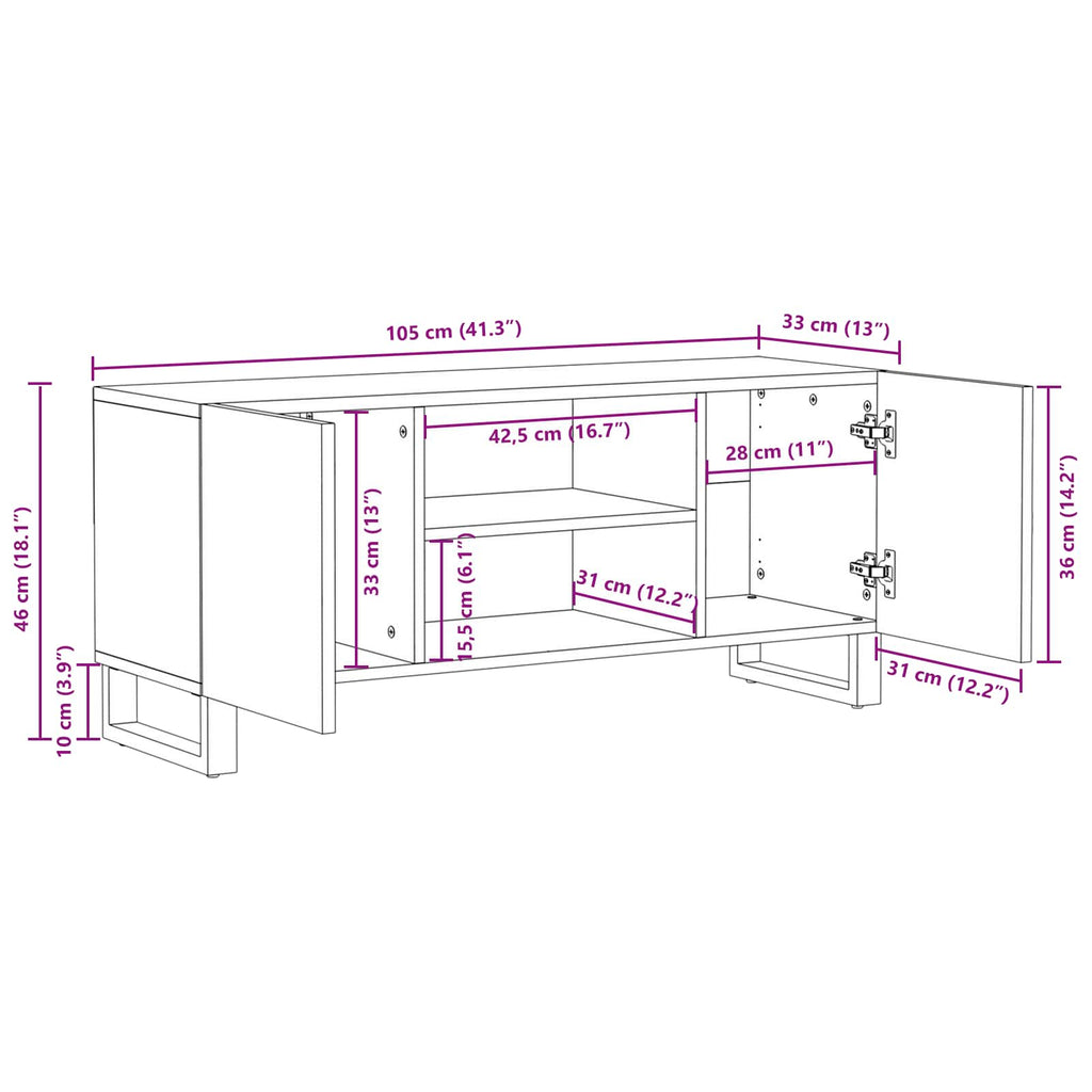 TV-Schränk mit Speicher Braun 105 x 33 x 46 cm Massivholz Mango