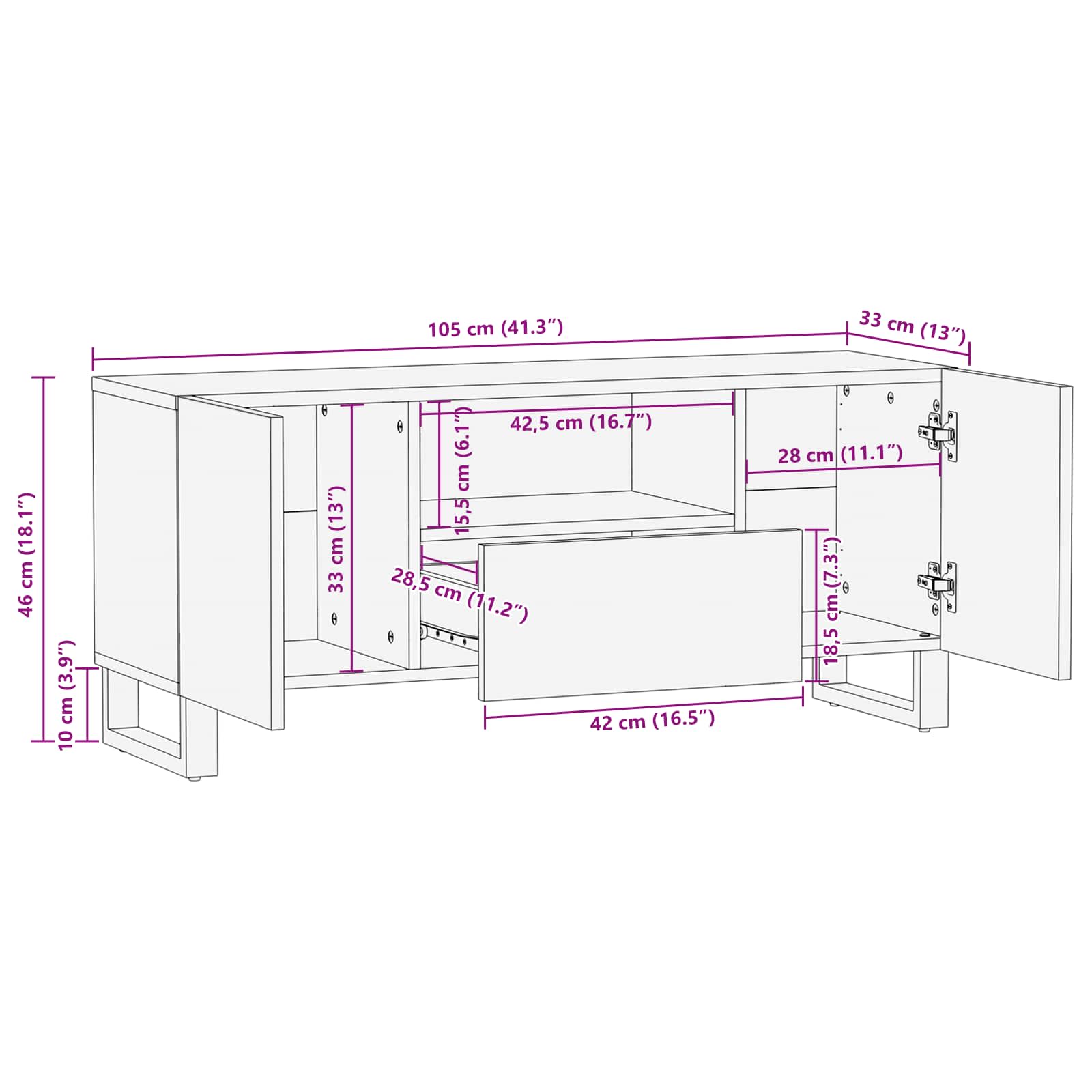 TV-Schränk mit Regal Braun 105 x 33 x 46 cm Massivholz Mango