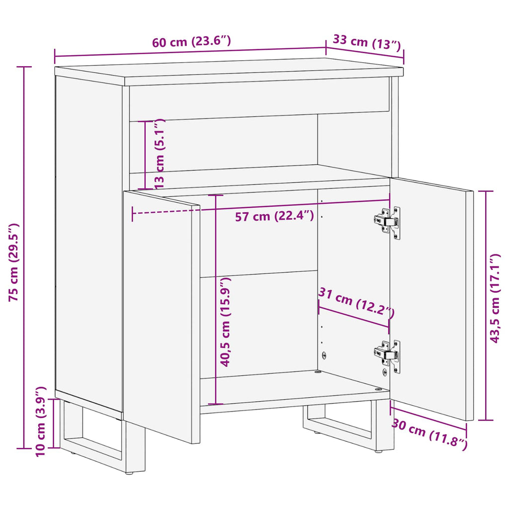 Seitenschrank mit Tür Braun 60 x 33 x 75 cm Massivholz Mango
