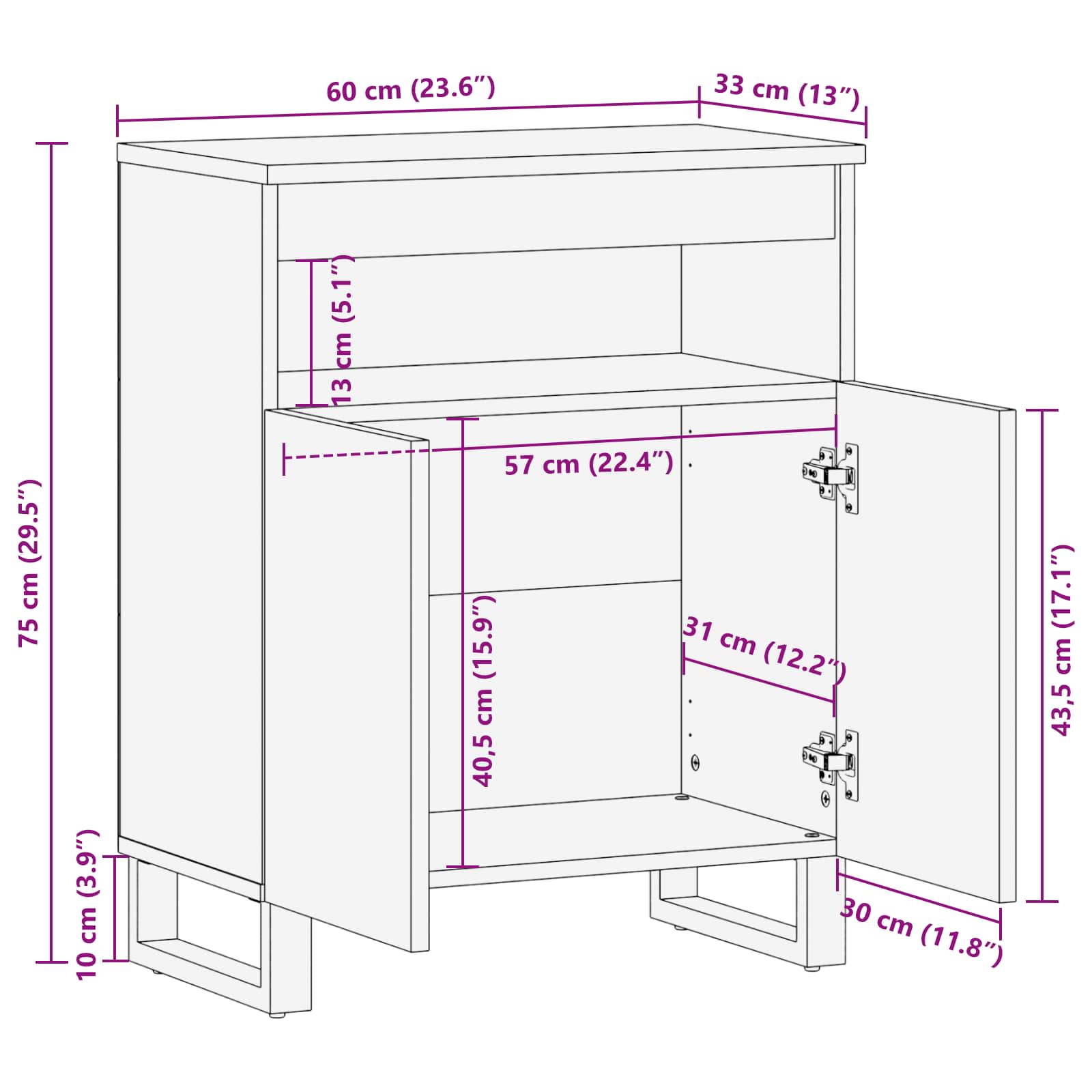 Seitenschrank mit Tür Braun 60 x 33 x 75 cm Massivholz Mango