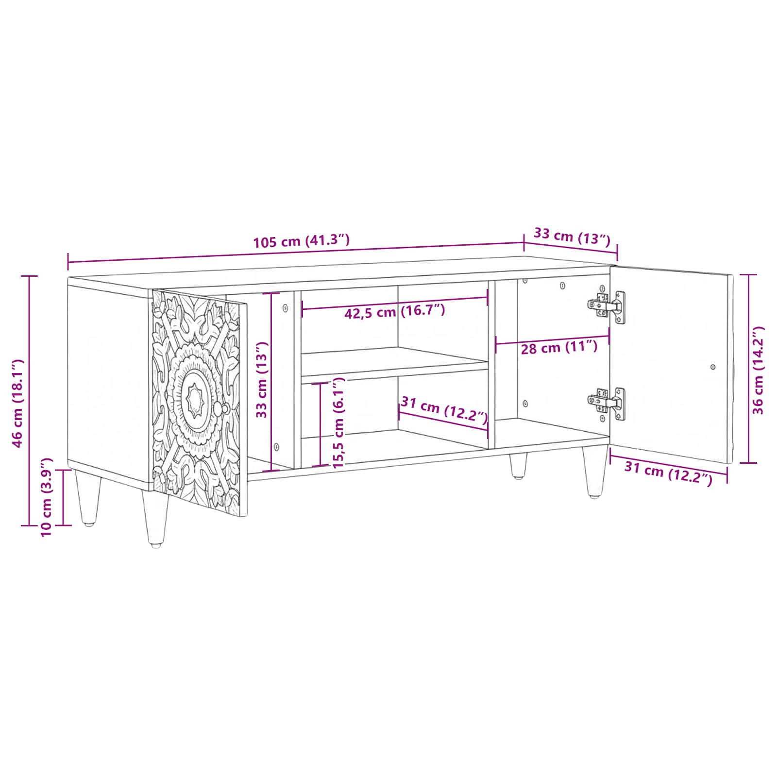 TV-Schränk Braun 105 x 33,5 x 46 cm Massivholz Mango