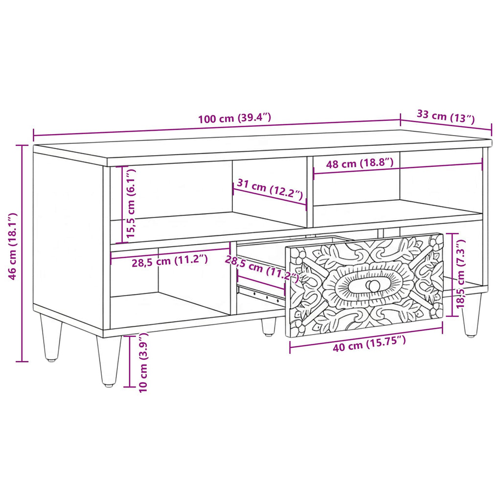 TV-Schränk mit Regal Braun 100 x 33,5 x 46 cm Massivholz Mango