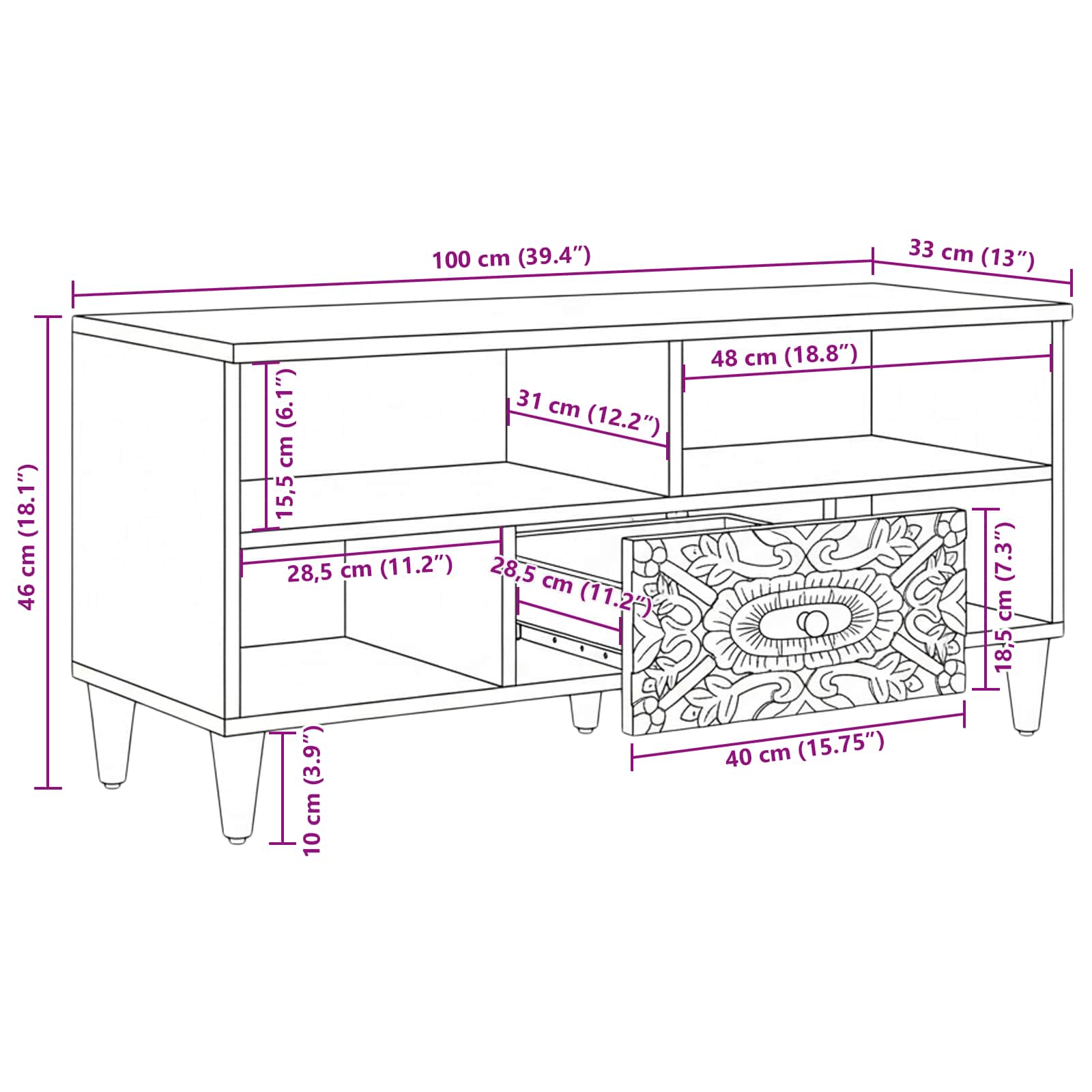 TV-Schränk mit Regal Braun 100 x 33,5 x 46 cm Massivholz Mango