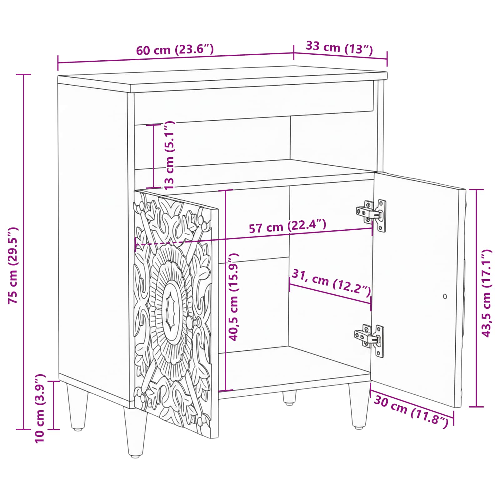 Sideboard mit Speicher Braun 60 x 33,5 x 75 cm Massivholz Mango