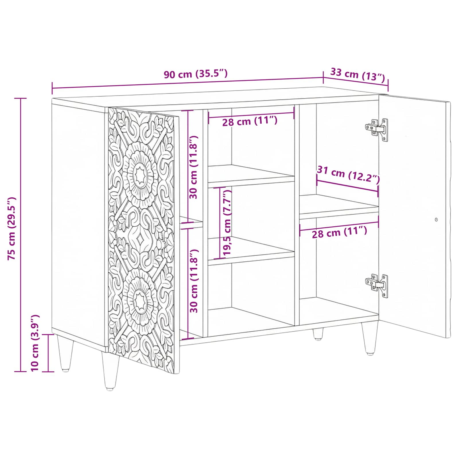 Sideboard mit Regal Braun 90 x 33,5 x 75 cm Massivholz Mango