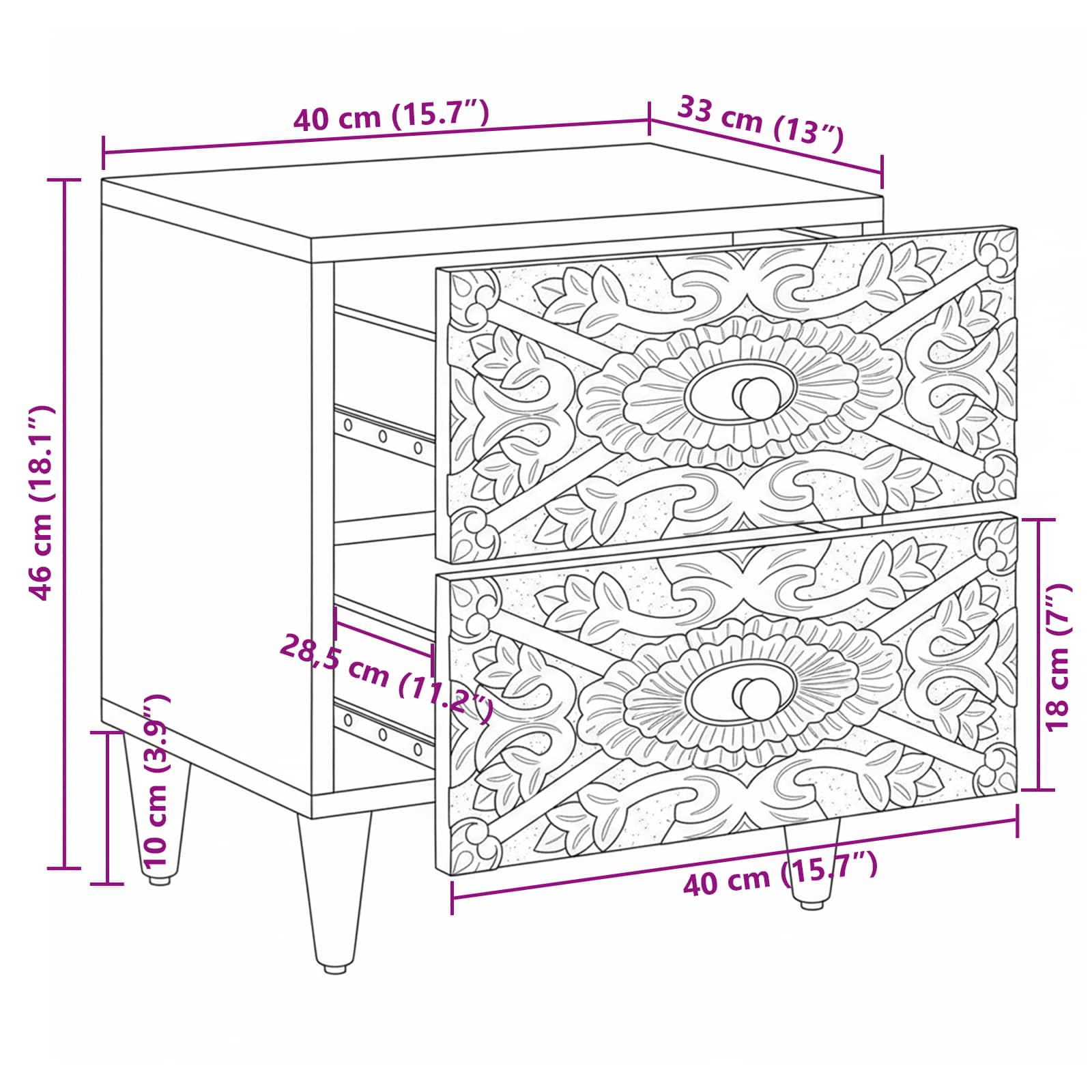 Nachttisch 2 pcs Weiß 40 x 33,5 x 46 cm Massivholz Mango