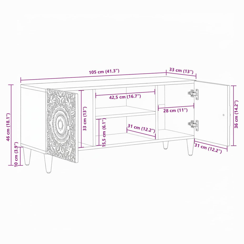 TV-Schränk Weiß 105 x 33,5 x 46 cm Massivholz Mango