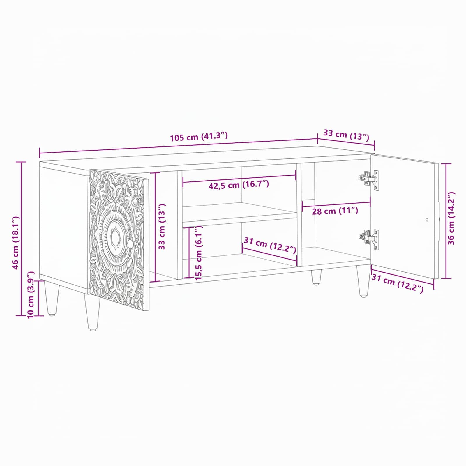 TV-Schränk Weiß 105 x 33,5 x 46 cm Massivholz Mango