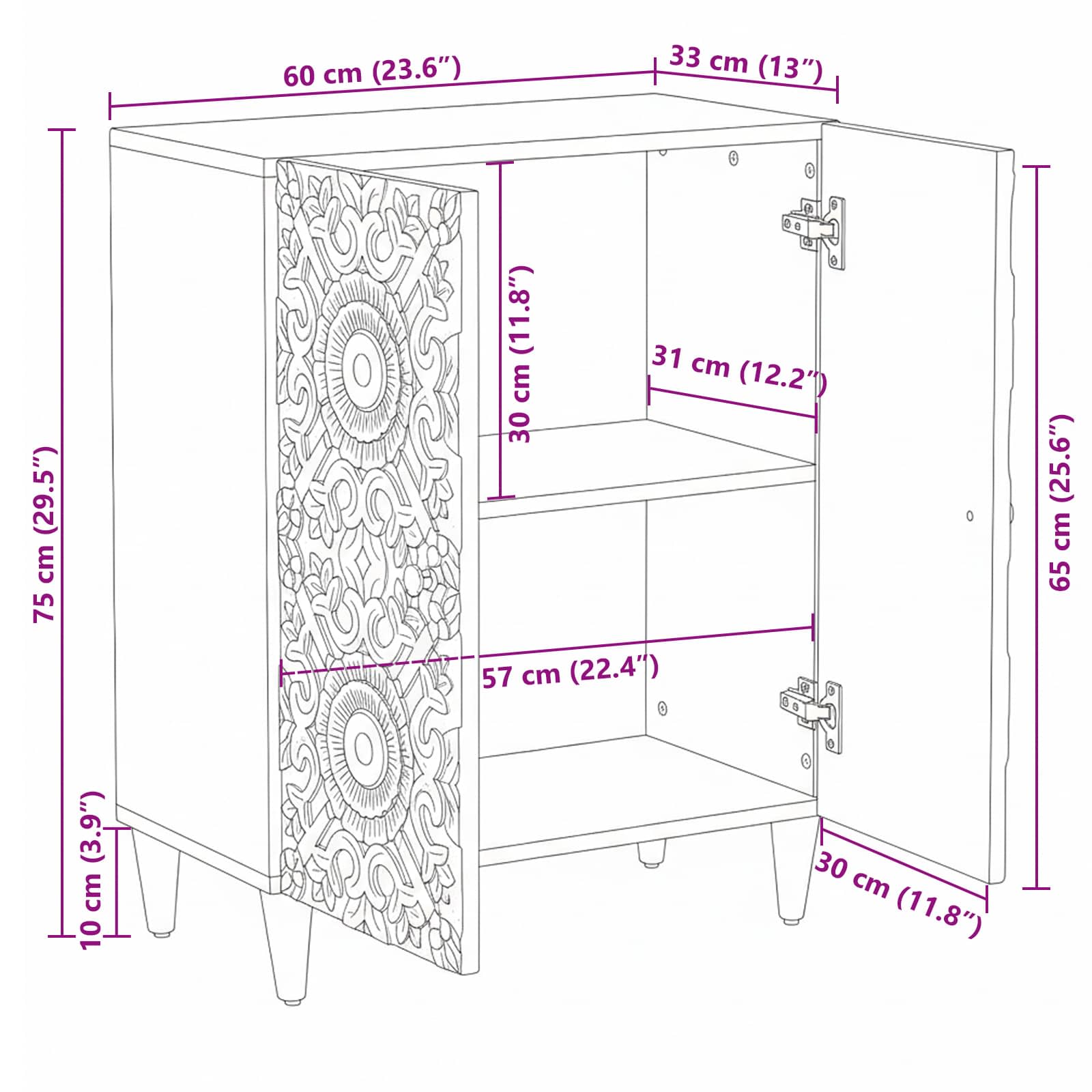 Aufbewahrungs-Sideboard Weiß 60 x 33,5 x 75 cm Massivholz Mango