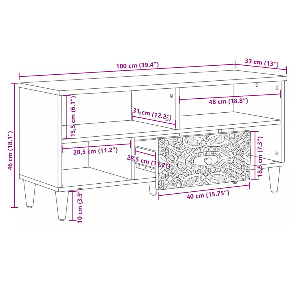 TV-Schränk mit Regal Weiß 100 x 33,5 x 46 cm Massivholz Mango