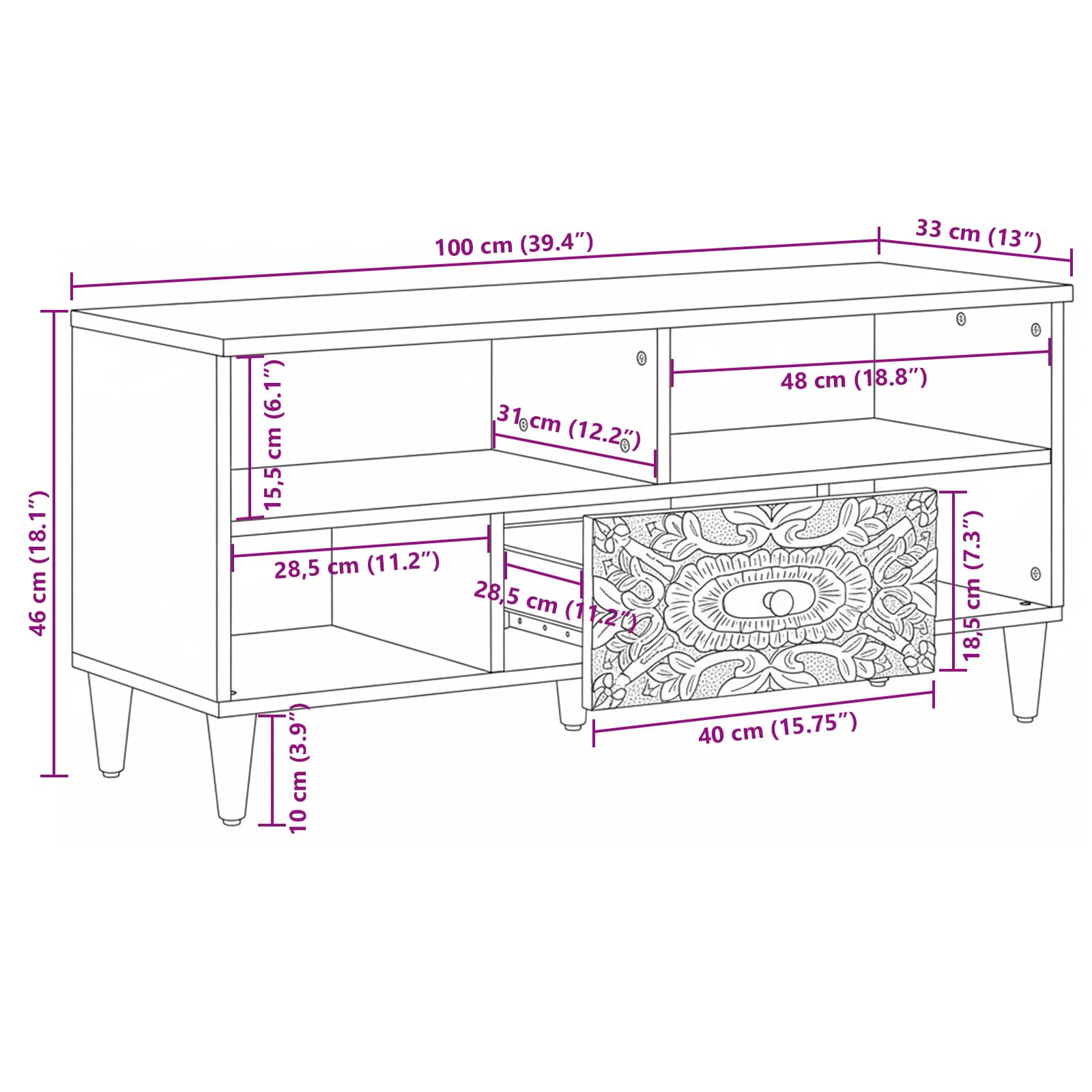 TV-Schränk mit Regal Weiß 100 x 33,5 x 46 cm Massivholz Mango
