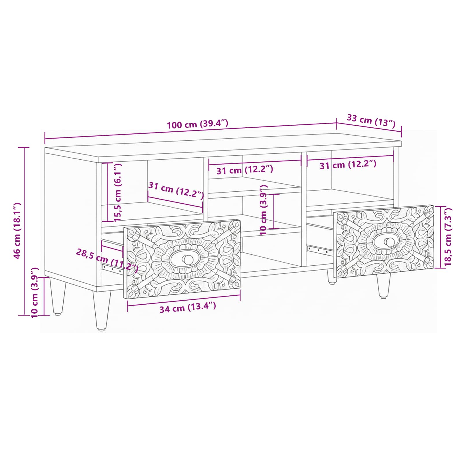TV-Schränk mit Regal Weiß 100 x 33,5 x 46 cm Massivholz Mango